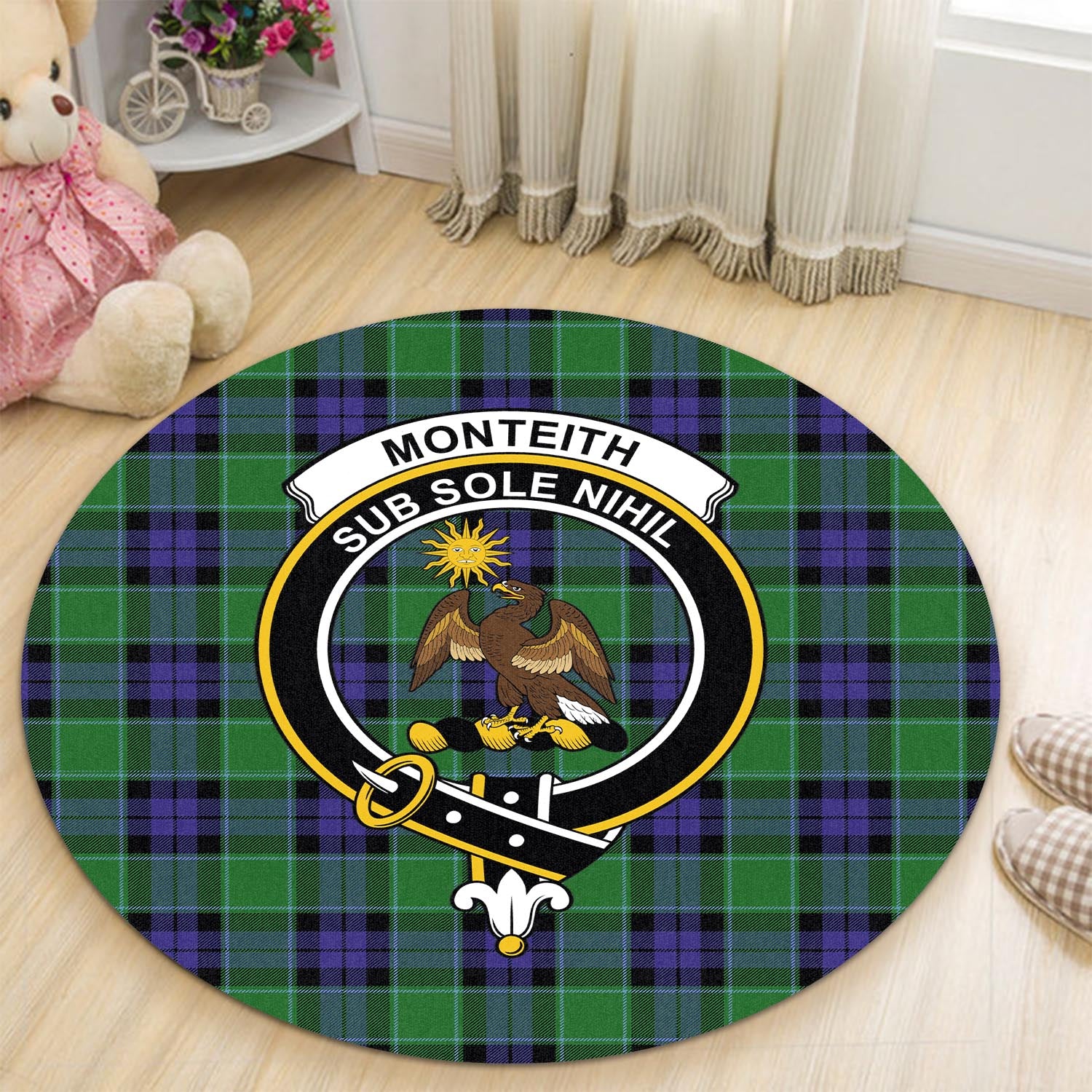 Monteith Tartan Round Rug with Family Crest - Tartan Vibes Clothing