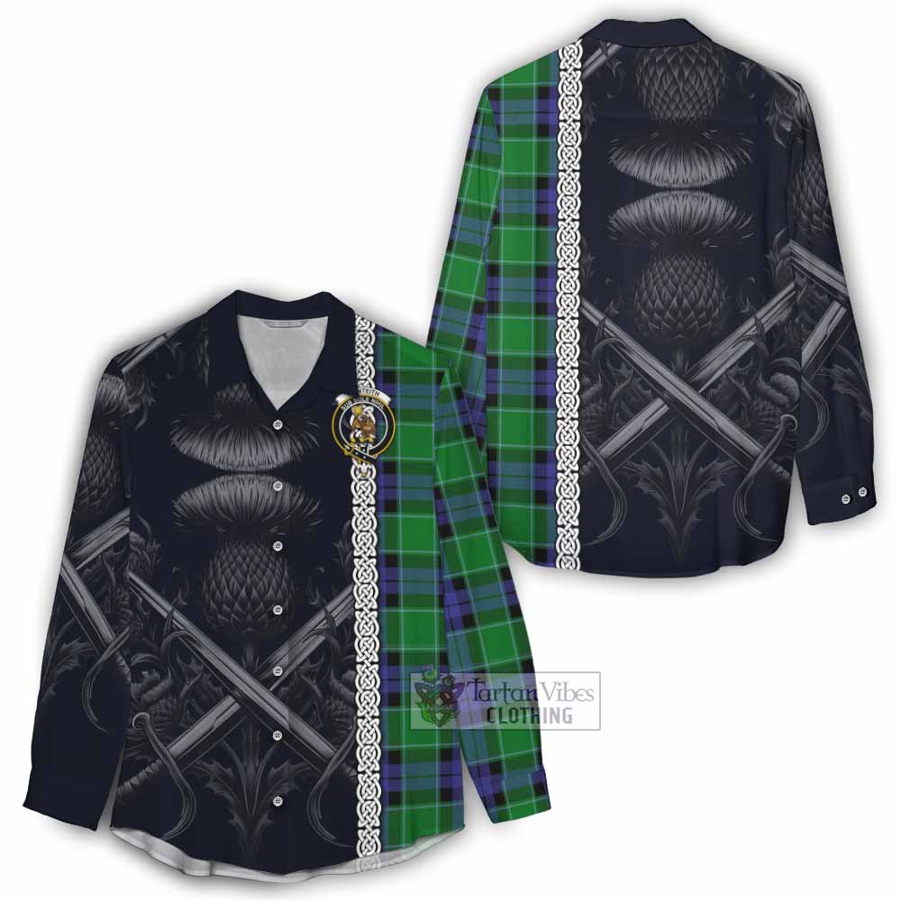 Monteith Tartan Women's Casual Shirt with Family Crest Cross Sword Thistle Celtic Vibes - Tartan Vibes Clothing