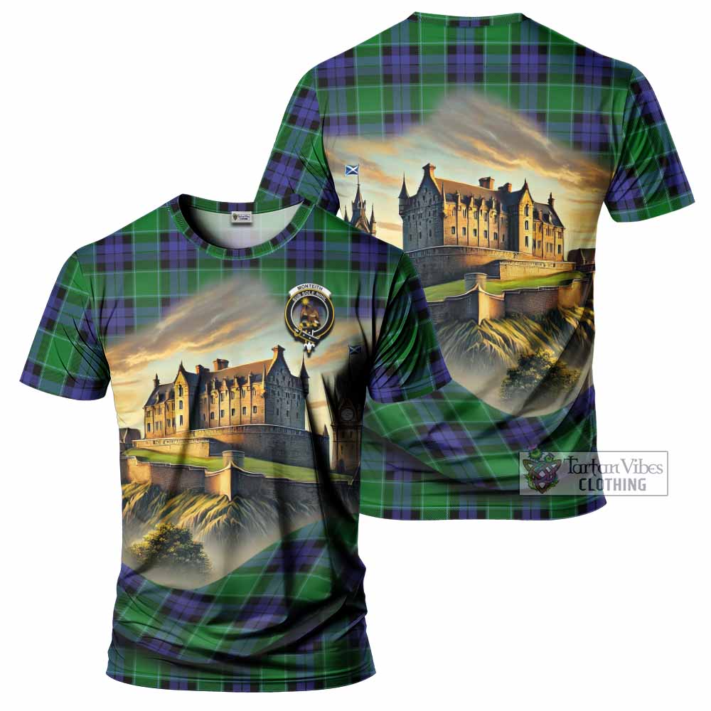 Monteith Tartan Family Crest T-Shirt with Scottish Ancient Castle Style - Tartan Vibes Clothing