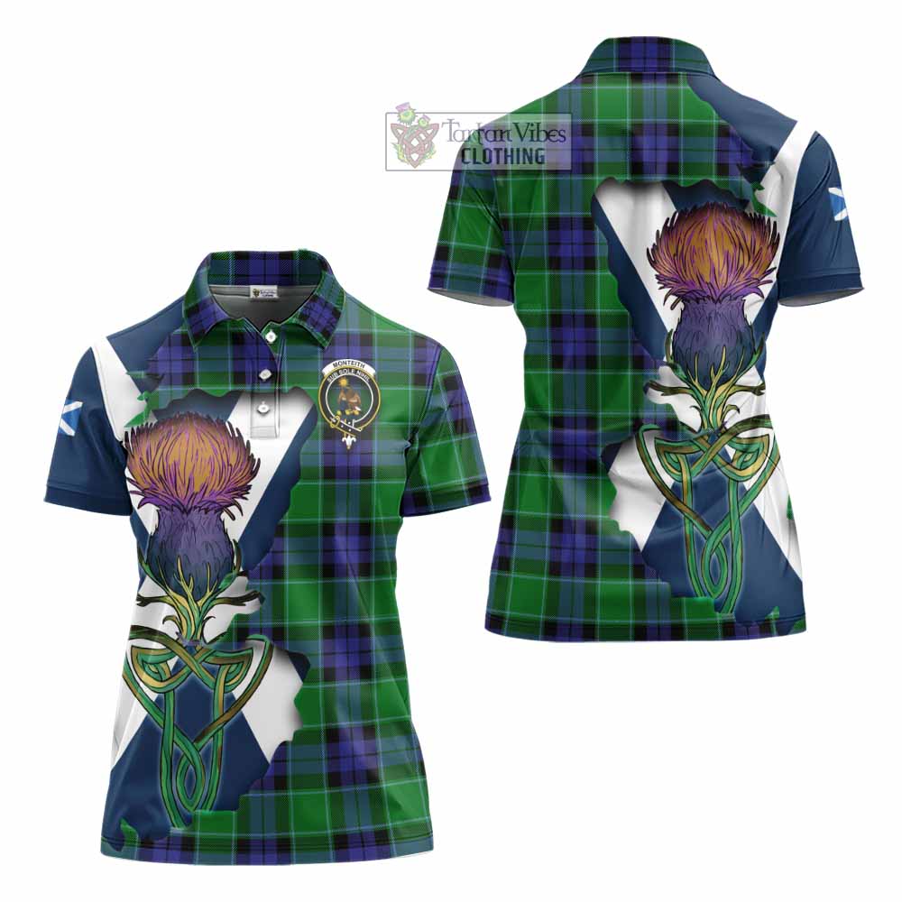 Tartan Vibes Clothing Monteith Tartan Family Crest Women's Polo Shirt Scottish Thistle Celtic Inspired