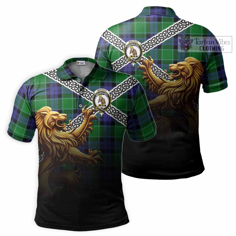 Monteith Crest Tartan Polo Shirt with Golden Lion Emblem Celtic Style - Tartan Vibes Clothing