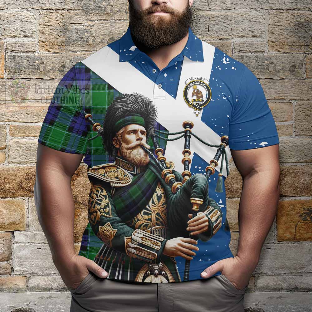 Monteith Tartan Polo Shirt with Family Crest Scottish Bagpiper Vibes - Tartan Vibes Clothing