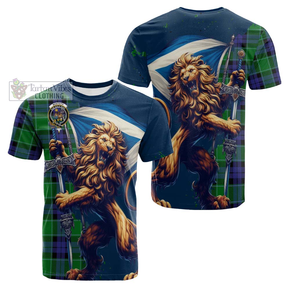 Monteith Tartan Family Crest Cotton T-shirt with Scottish Majestic Lion - Tartan Vibes Clothing