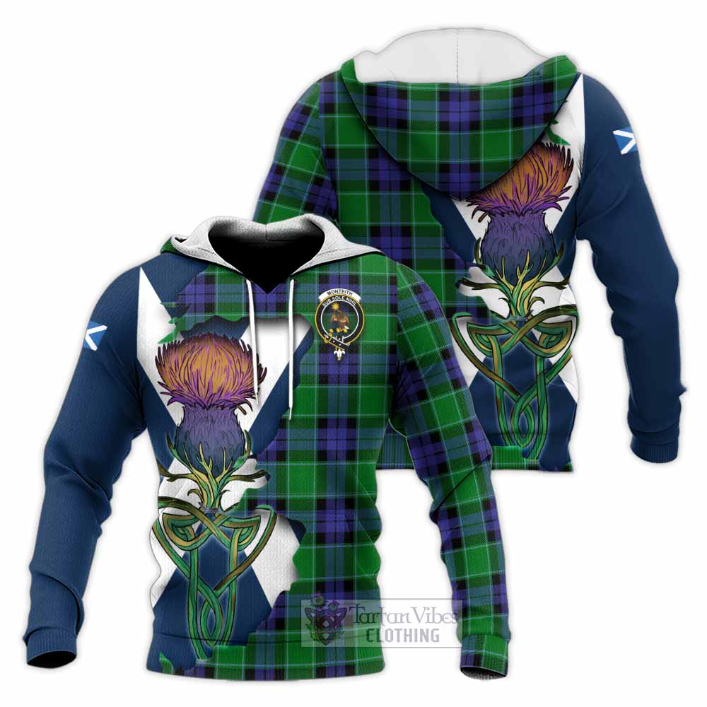 Tartan Vibes Clothing Monteith Tartan Family Crest Knitted Hoodie Scottish Thistle Celtic Inspired
