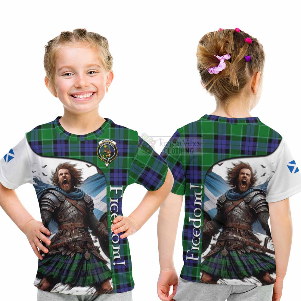 Tartan Vibes Clothing Monteith Crest Tartan Kid T-Shirt Inspired by the Freedom of Scottish Warrior