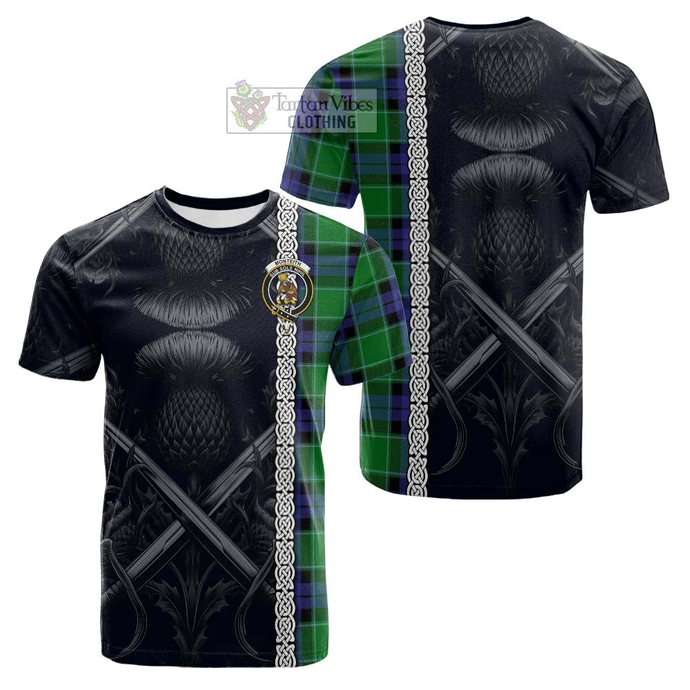 Monteith Tartan Cotton T-shirt with Family Crest Cross Sword Thistle Celtic Vibes - Tartan Vibes Clothing