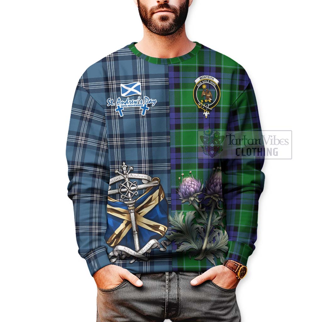 Monteith Tartan Sweatshirt Happy St. Andrew's Day Half Tartan Style - Tartan Vibes Clothing