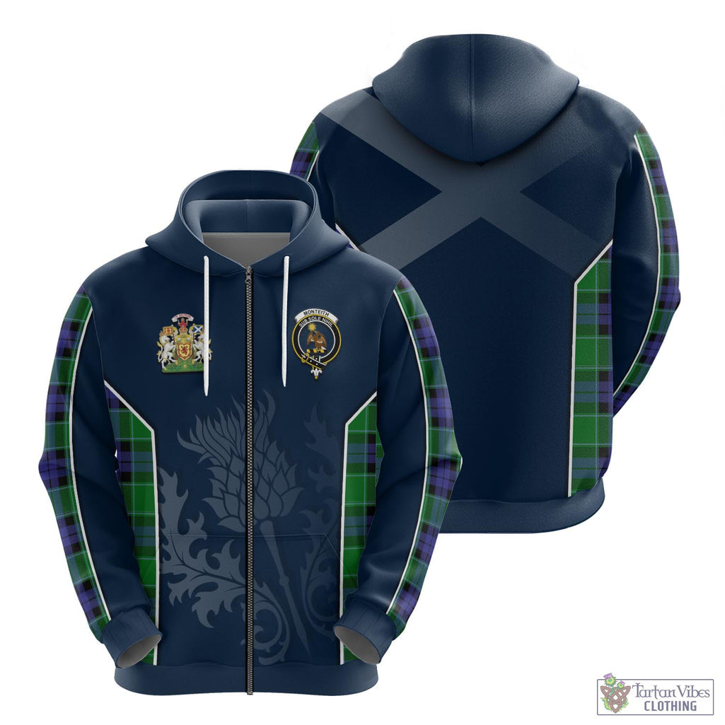 Monteith Tartan Hoodie with Family Crest and Scottish Thistle Vibes Sport Style - Tartan Vibes Clothing