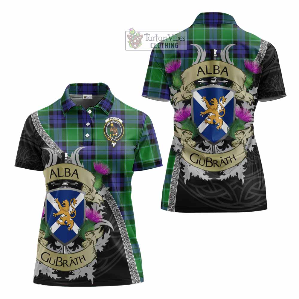 Monteith Tartan Family Crest Women's Polo Shirt Lion Rampant Royal Thistle Shield Celtic Inspired - Tartan Vibes Clothing