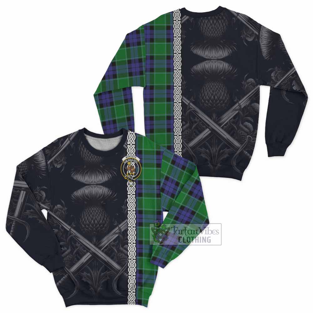 Monteith Tartan Sweatshirt with Family Crest Cross Sword Thistle Celtic Vibes - Tartan Vibes Clothing