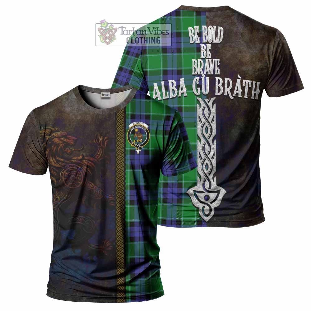 Monteith Tartan Family Crest T-Shirt Alba Gu Brath Be Brave Lion Ancient Style - Tartan Vibes Clothing