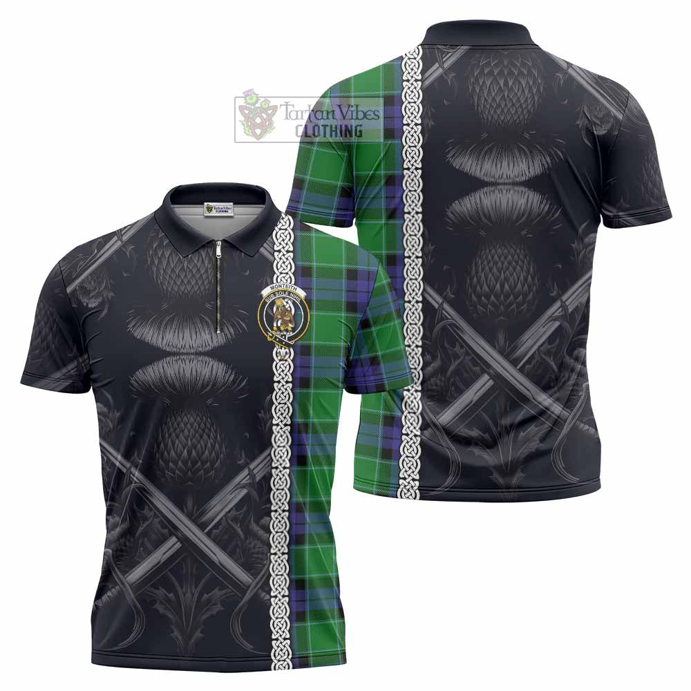 Monteith Tartan Zipper Polo Shirt with Family Crest Cross Sword Thistle Celtic Vibes - Tartan Vibes Clothing