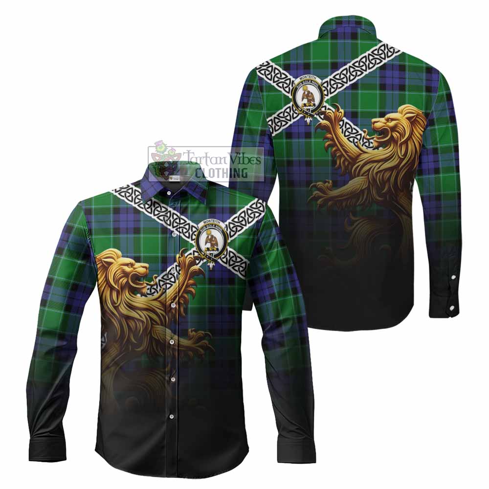 Monteith Crest Tartan Long Sleeve Button Shirt with Golden Lion Emblem Celtic Style - Tartan Vibes Clothing