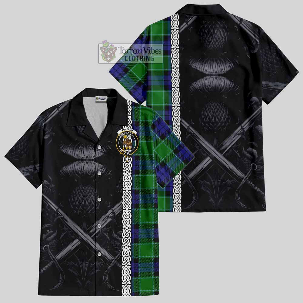 Monteith Tartan Hawaiian Shirt with Family Crest Cross Sword Thistle Celtic Vibes - Tartan Vibes Clothing