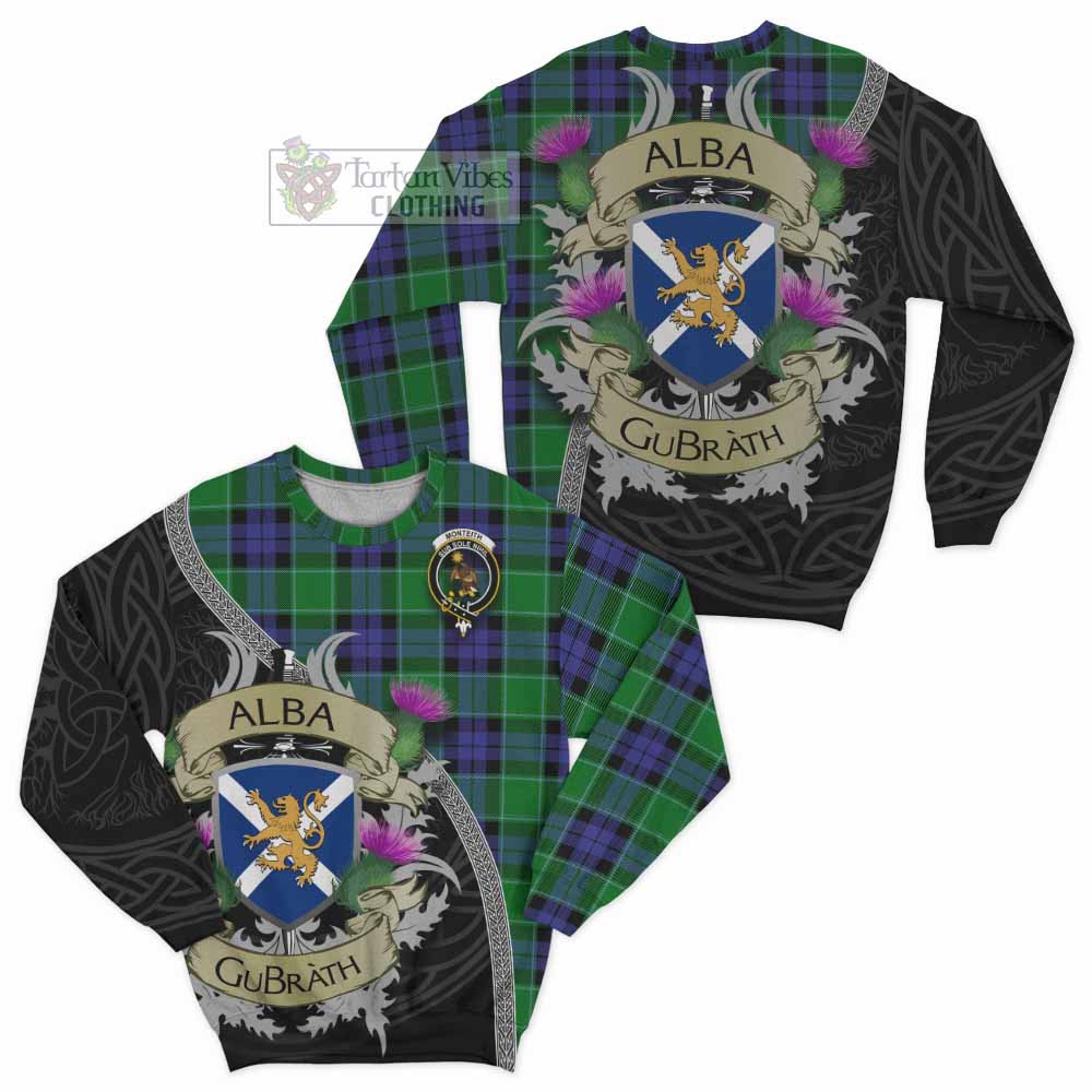 Monteith Tartan Family Crest Sweatshirt Lion Rampant Royal Thistle Shield Celtic Inspired - Tartan Vibes Clothing