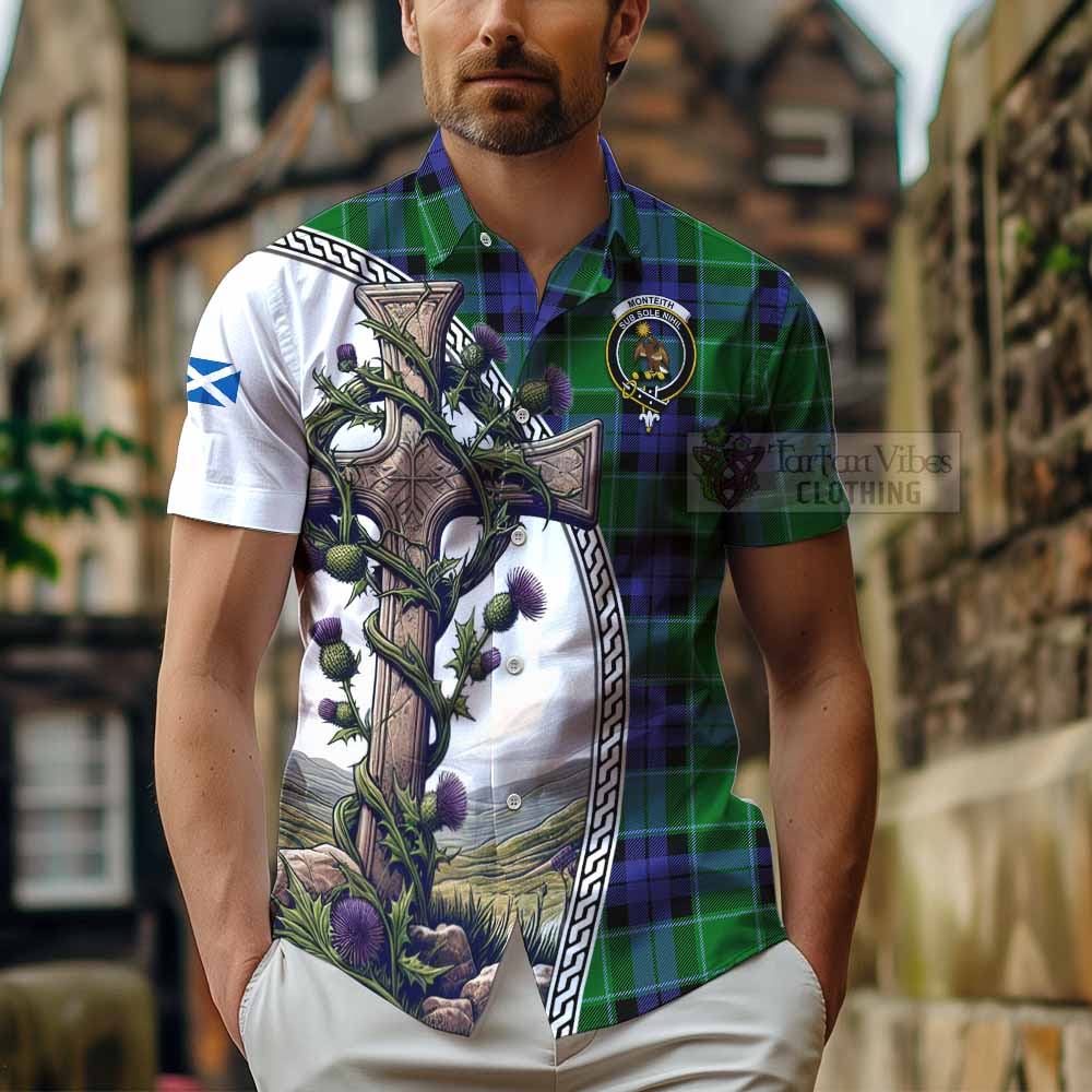 Monteith Tartan Hawaiian Shirt with Family Crest and St. Andrew's Cross Accented by Thistle Vines - Tartan Vibes Clothing