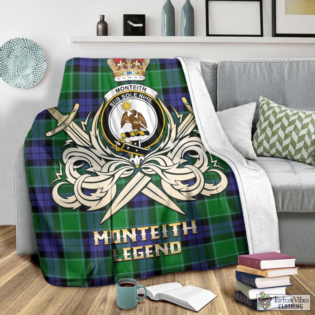 Monteith Tartan Blanket with Clan Crest and the Golden Sword of Courageous Legacy - Tartan Vibes Clothing