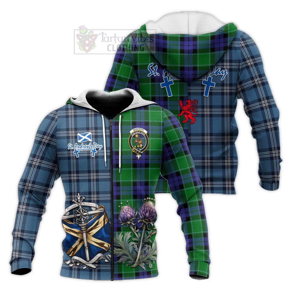Monteith Tartan Knitted Hoodie Happy St. Andrew's Day Half Tartan Style Unisex Knitted Zip Hoodie - Tartan Vibes Clothing