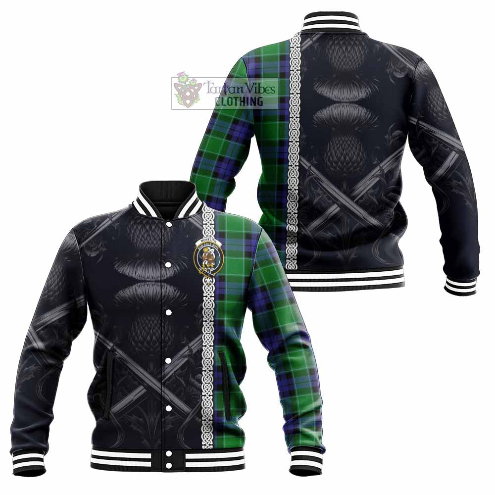 Monteith Tartan Baseball Jacket with Family Crest Cross Sword Thistle Celtic Vibes - Tartan Vibes Clothing