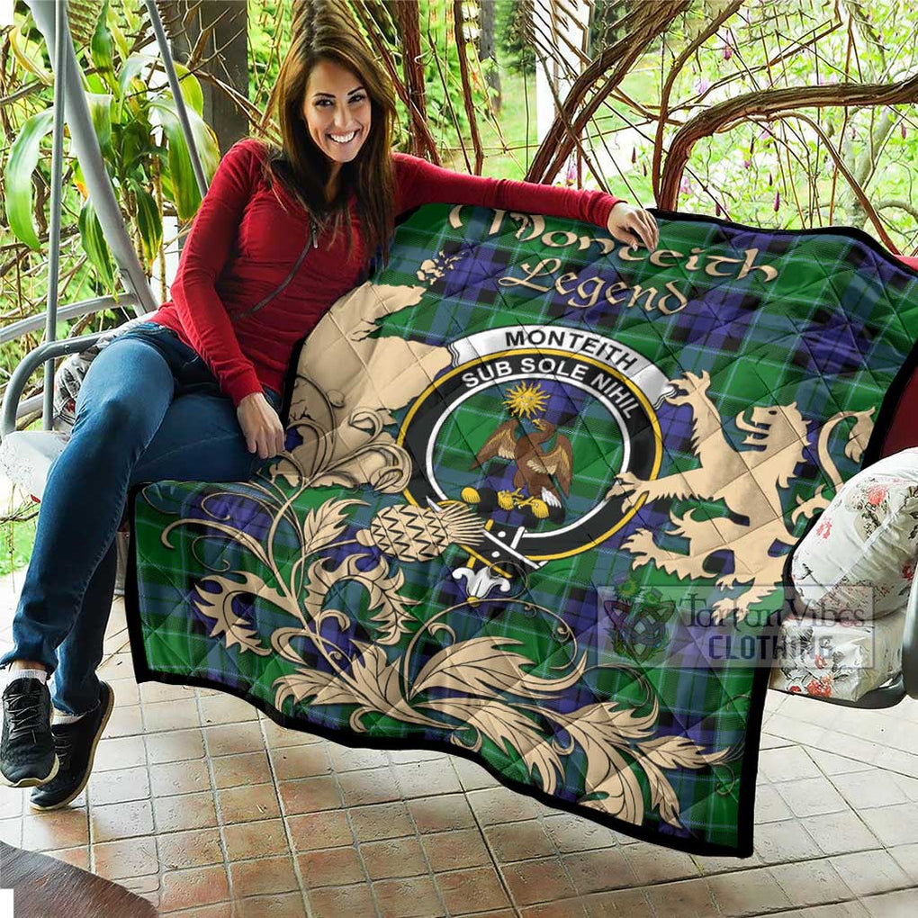 Tartan Vibes Clothing Monteith Tartan Quilt with Family Crest and Scottish Symbol Style