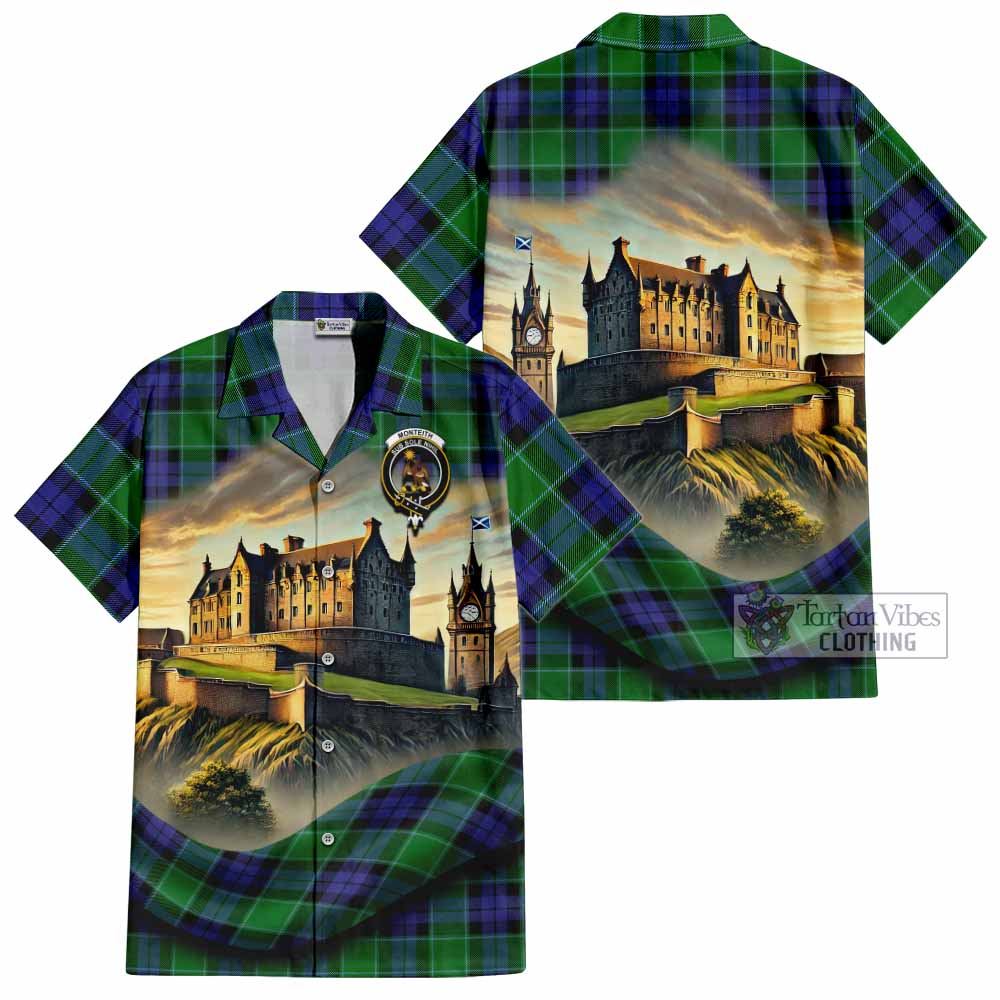 Monteith Tartan Family Crest Hawaiian Shirt with Scottish Ancient Castle Style - Tartan Vibes Clothing