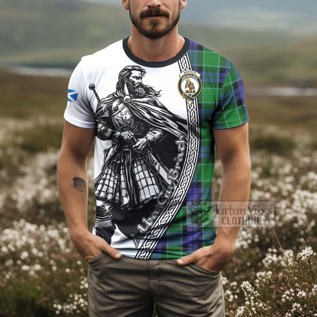 Monteith Tartan Clan Crest T-Shirt with Highlander Warrior Celtic Style - Tartan Vibes Clothing