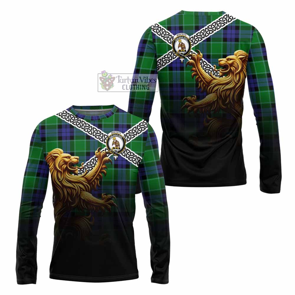 Monteith Crest Tartan Long Sleeve T-Shirt with Golden Lion Emblem Celtic Style - Tartan Vibes Clothing