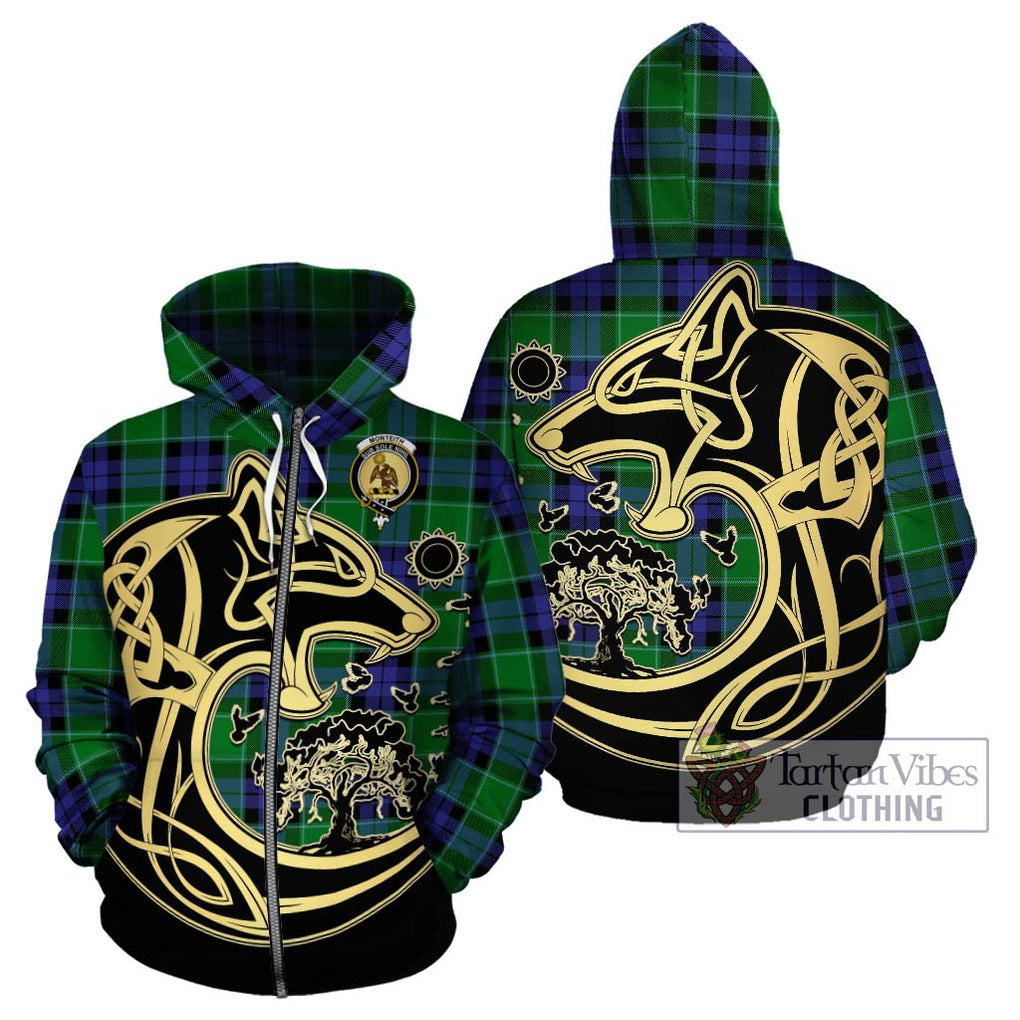 Monteith Tartan Hoodie with Family Crest Celtic Wolf Style - Tartan Vibes Clothing
