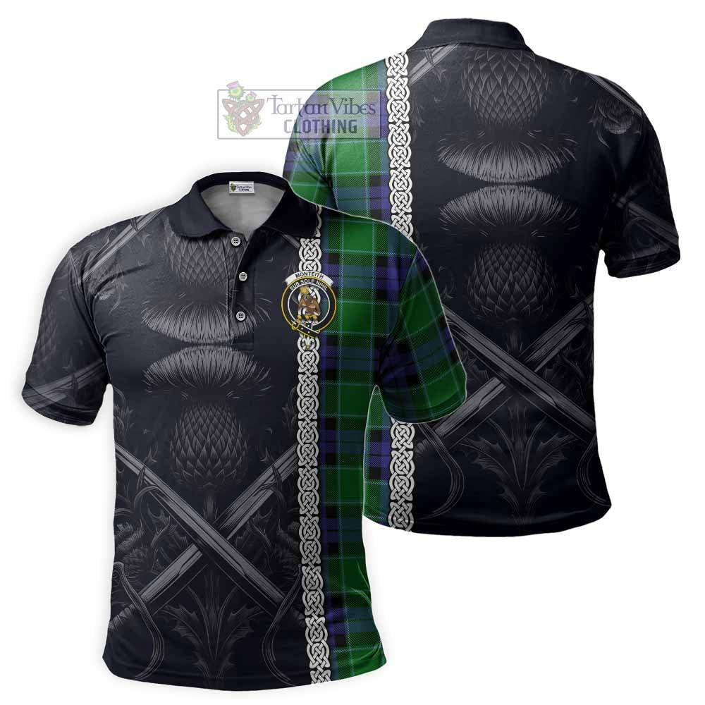 Monteith Tartan Polo Shirt with Family Crest Cross Sword Thistle Celtic Vibes - Tartan Vibes Clothing