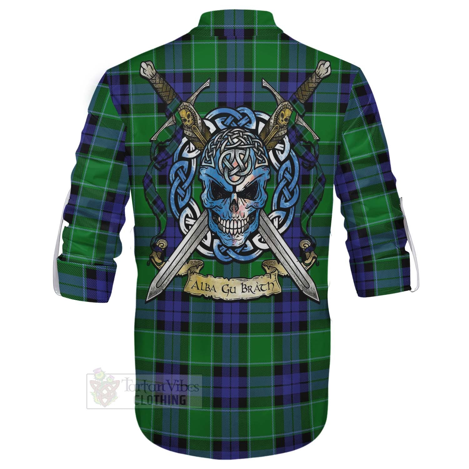 Monteith Tartan Ghillie Kilt Shirt with Family Crest Celtic Skull Style - Tartan Vibes Clothing