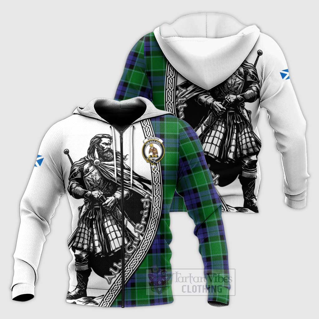 Monteith Tartan Clan Crest Knitted Hoodie with Highlander Warrior Celtic Style Unisex Knitted Zip Hoodie - Tartan Vibes Clothing