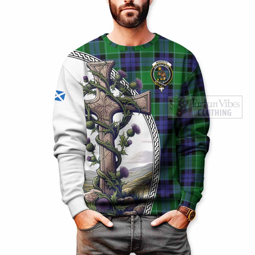 Monteith Tartan Sweatshirt with Family Crest and St. Andrew's Cross Accented by Thistle Vines - Tartan Vibes Clothing