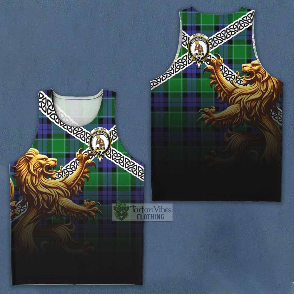 Monteith Crest Tartan Men's Tank Top with Golden Lion Emblem Celtic Style - Tartan Vibes Clothing