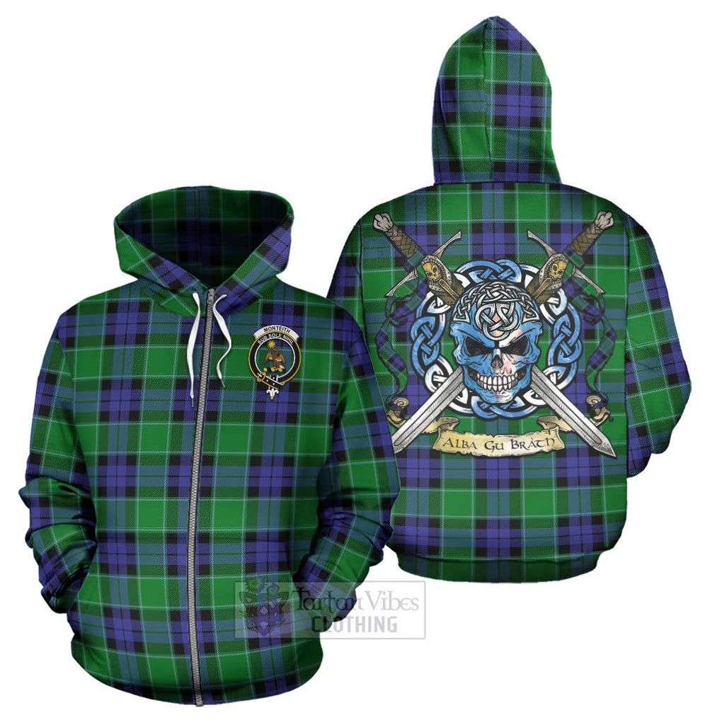 Monteith Tartan Hoodie with Family Crest Celtic Skull Style - Tartan Vibes Clothing