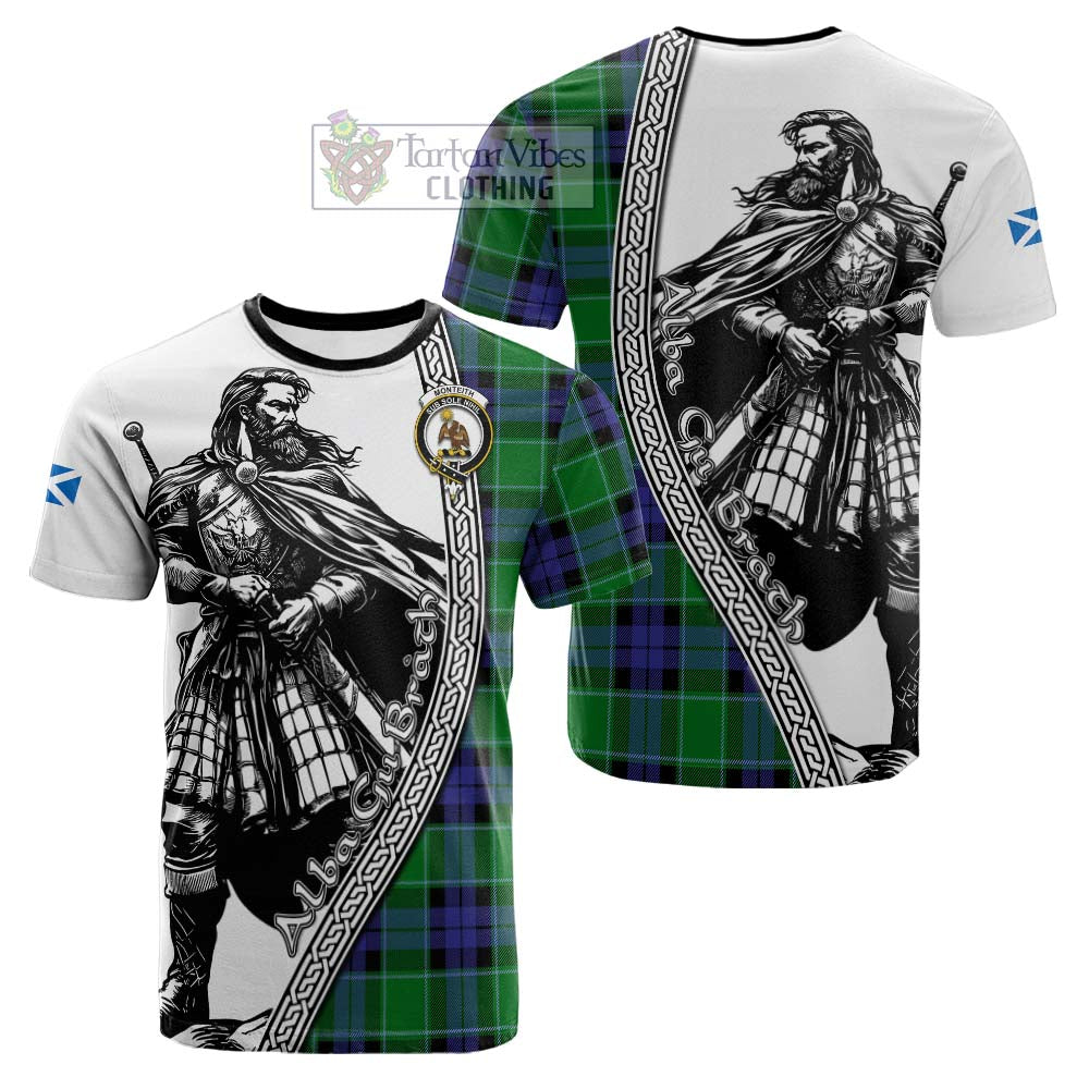 Monteith Tartan Clan Crest Cotton T-shirt with Highlander Warrior Celtic Style - Tartan Vibes Clothing