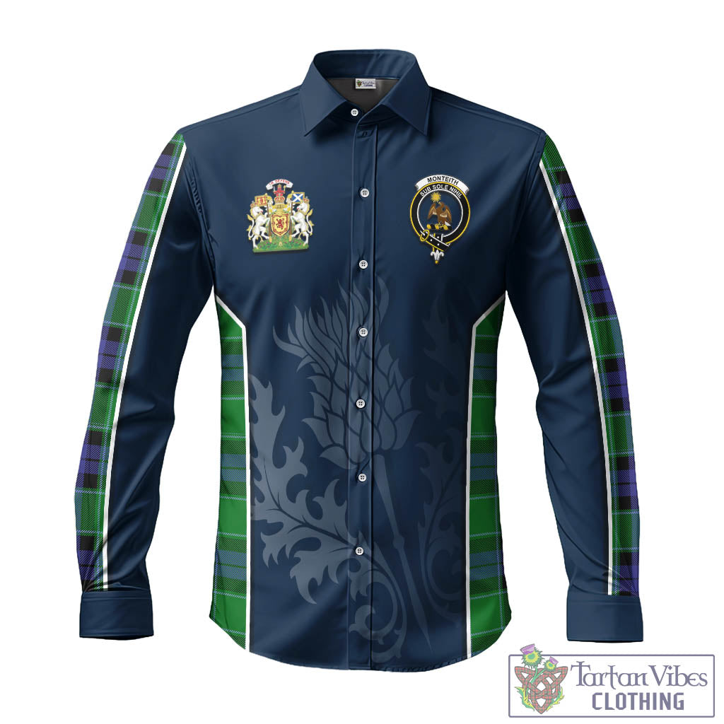 Tartan Vibes Clothing Monteith Tartan Long Sleeve Button Up Shirt with Family Crest and Scottish Thistle Vibes Sport Style