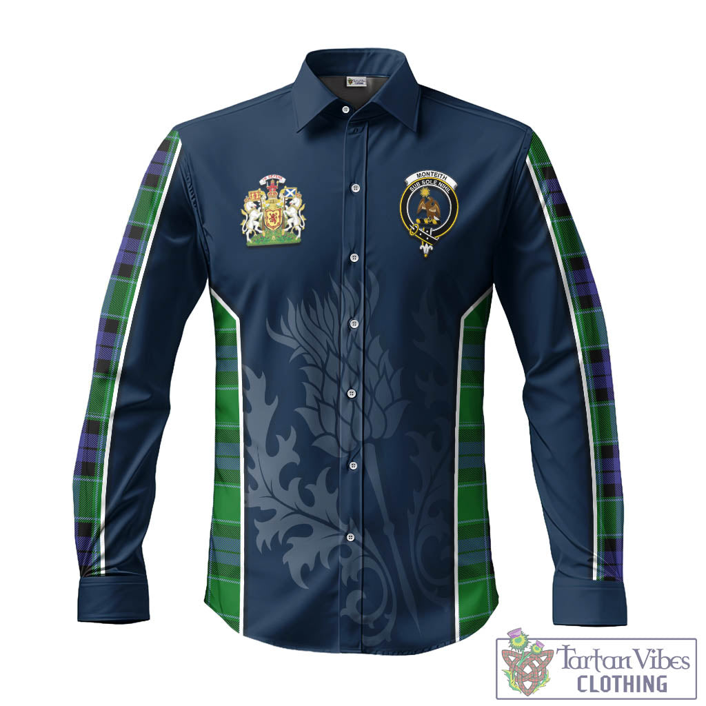 Monteith Tartan Long Sleeve Button Up Shirt with Family Crest and Scottish Thistle Vibes Sport Style - Tartan Vibes Clothing