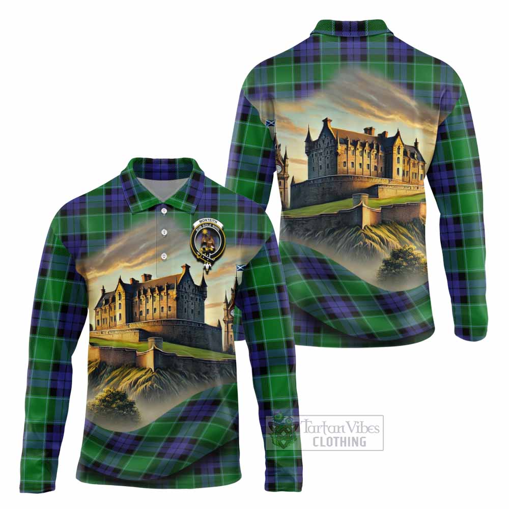 Monteith Tartan Family Crest Long Sleeve Polo Shirt with Scottish Ancient Castle Style - Tartan Vibes Clothing