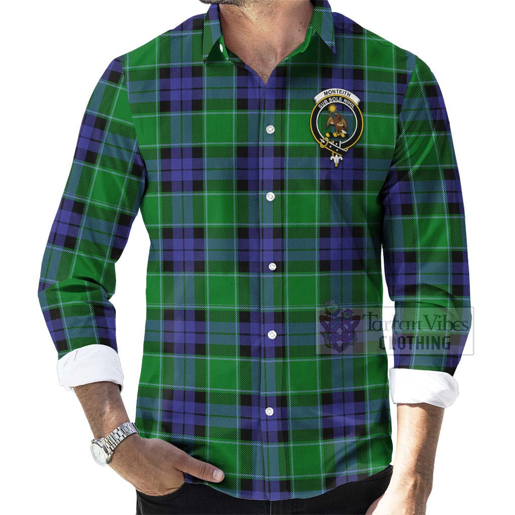 Monteith Tartan Long Sleeve Button Shirt with Family Crest Celtic Skull Style - Tartan Vibes Clothing
