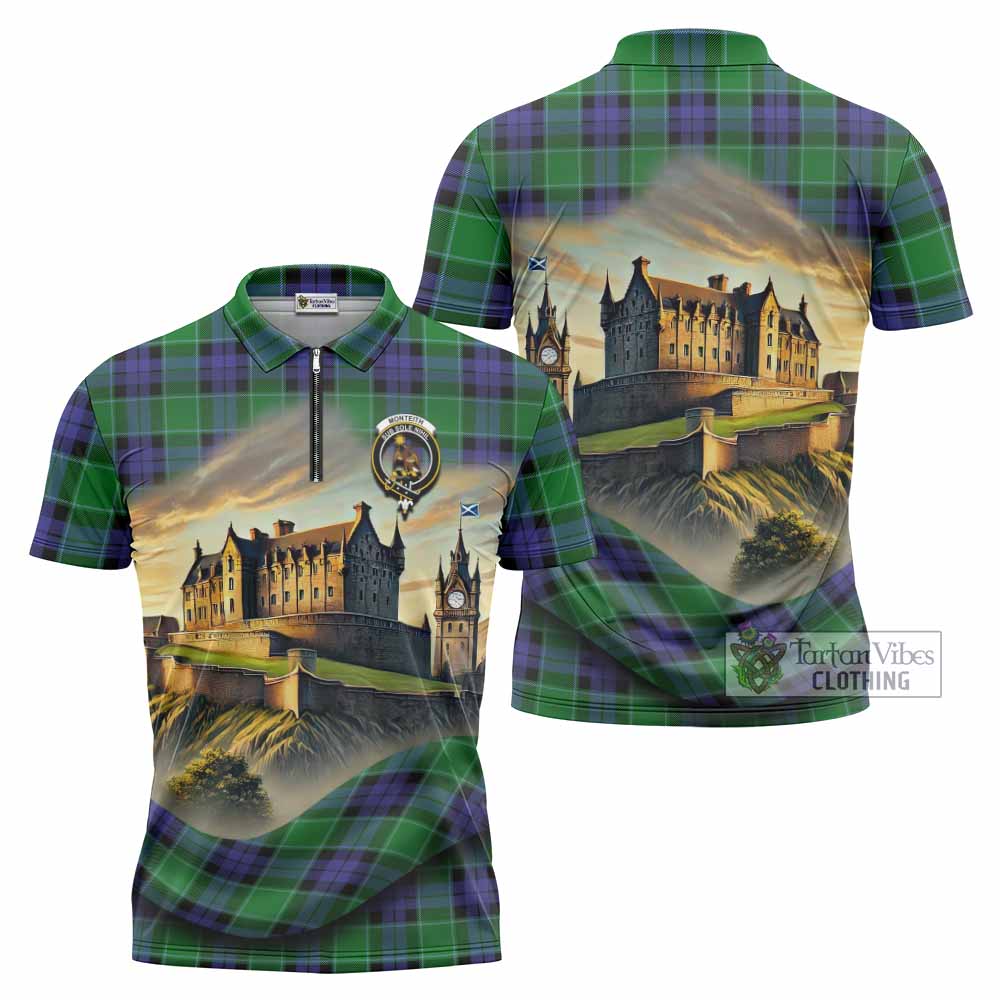 Monteith Tartan Family Crest Zipper Polo Shirt with Scottish Ancient Castle Style - Tartan Vibes Clothing