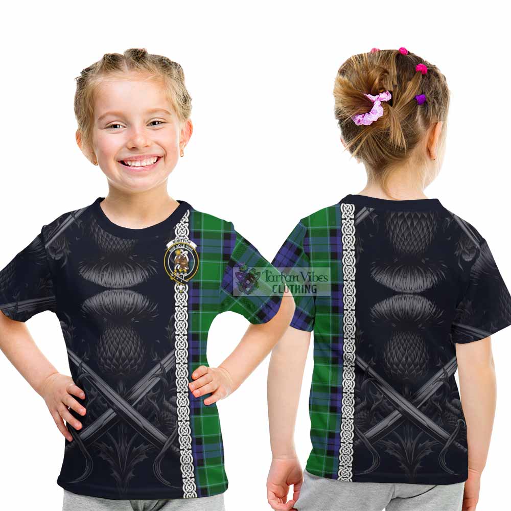 Monteith Tartan Kid T-Shirt with Family Crest Cross Sword Thistle Celtic Vibes - Tartan Vibes Clothing