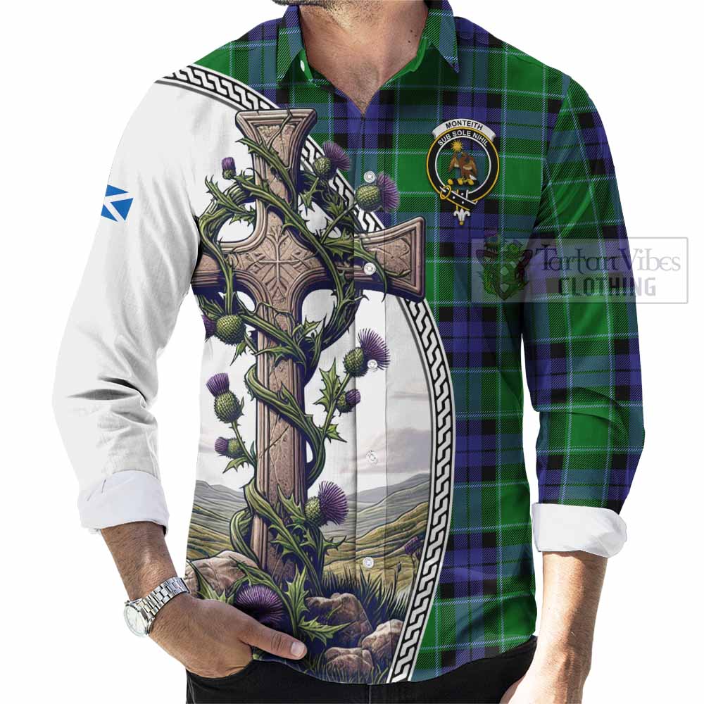Monteith Tartan Long Sleeve Button Shirt with Family Crest and St. Andrew's Cross Accented by Thistle Vines - Tartan Vibes Clothing