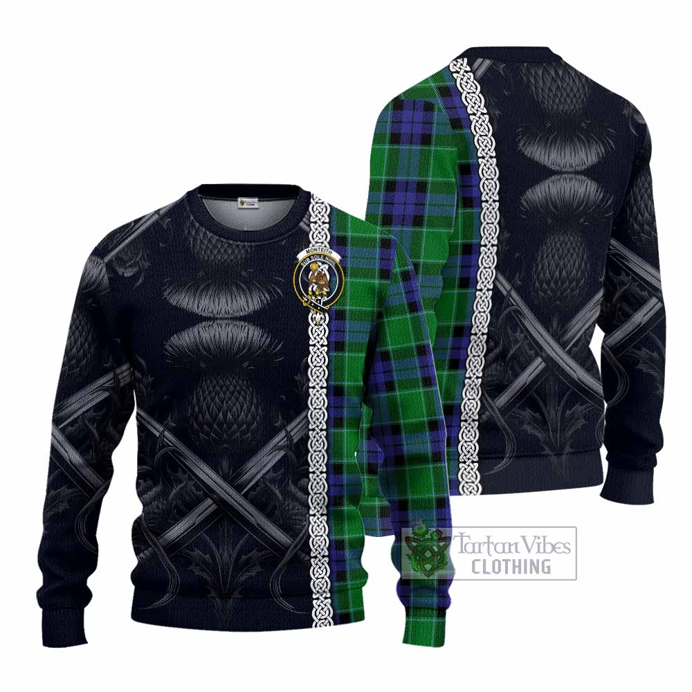Monteith Tartan Knitted Sweater with Family Crest Cross Sword Thistle Celtic Vibes - Tartan Vibes Clothing