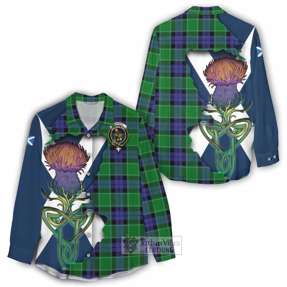 Tartan Vibes Clothing Monteith Tartan Family Crest Women's Casual Shirt Scottish Thistle Celtic Inspired