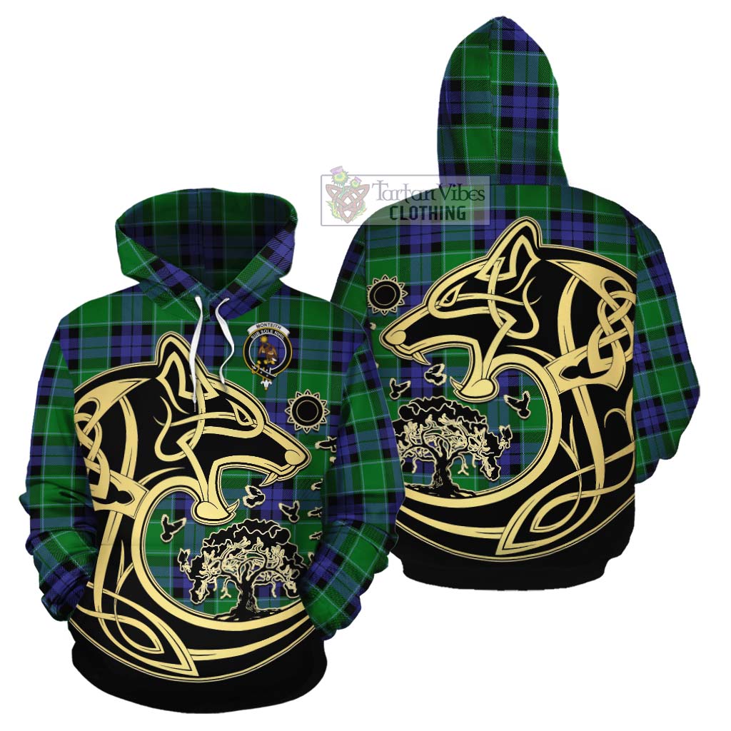 Monteith Tartan Cotton Hoodie with Family Crest Celtic Wolf Style Zip Hoodie - Tartan Vibes Clothing