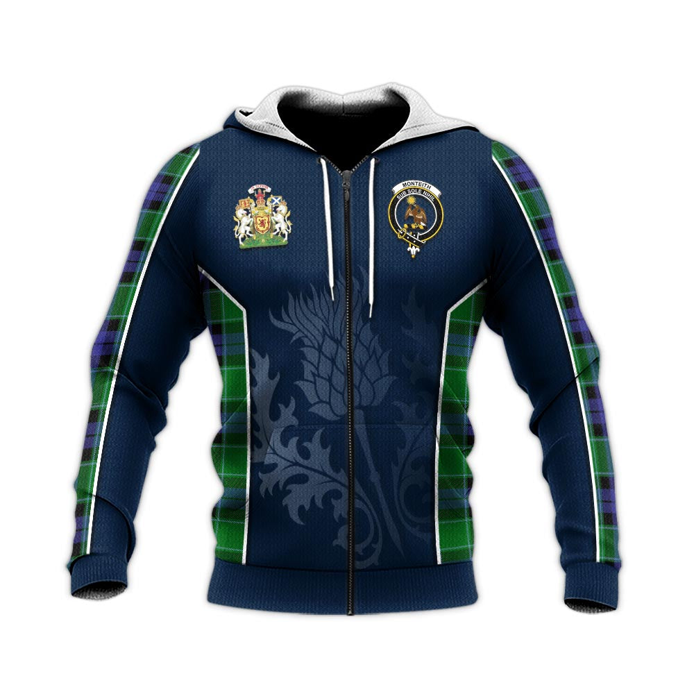 Tartan Vibes Clothing Monteith Tartan Knitted Hoodie with Family Crest and Scottish Thistle Vibes Sport Style