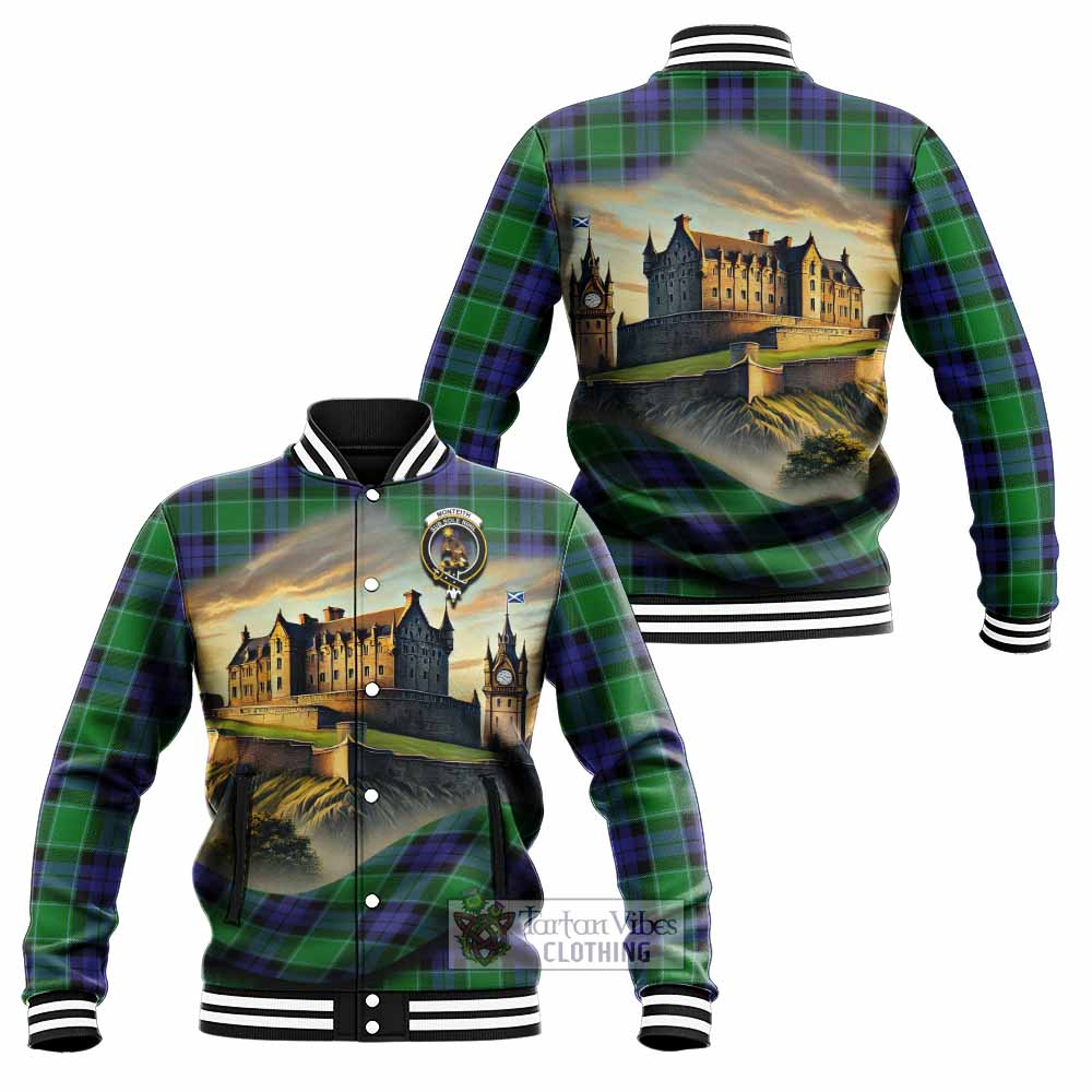 Monteith Tartan Family Crest Baseball Jacket with Scottish Ancient Castle Style - Tartan Vibes Clothing