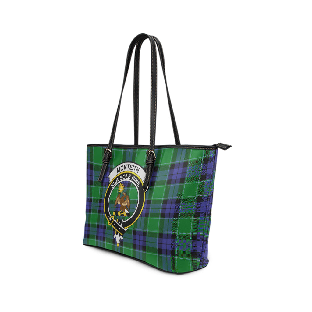 Monteith Tartan Leather Tote Bag with Family Crest - Tartan Vibes Clothing