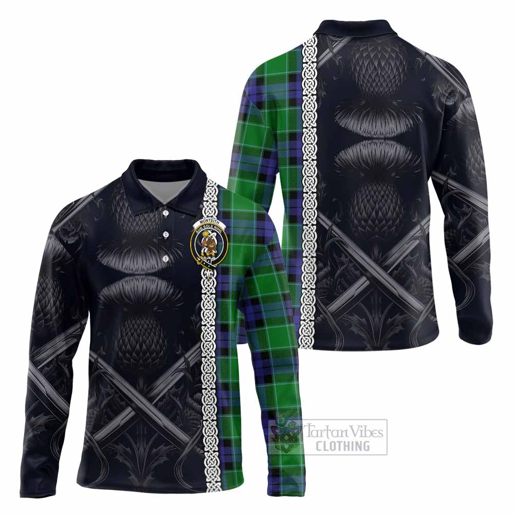 Monteith Tartan Long Sleeve Polo Shirt with Family Crest Cross Sword Thistle Celtic Vibes - Tartan Vibes Clothing