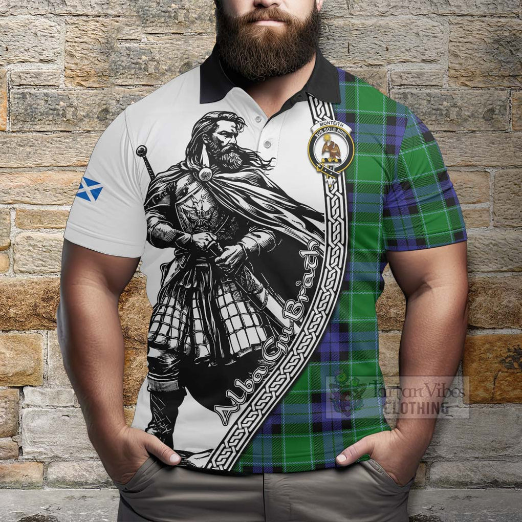 Monteith Tartan Clan Crest Polo Shirt with Highlander Warrior Celtic Style - Tartan Vibes Clothing